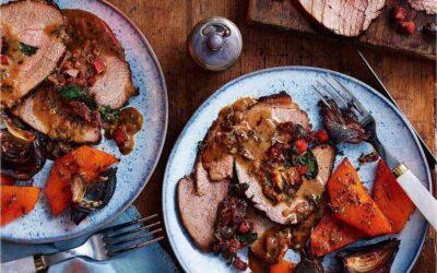 Chorizo-stuffed beef with roasted garlic sauce recipe